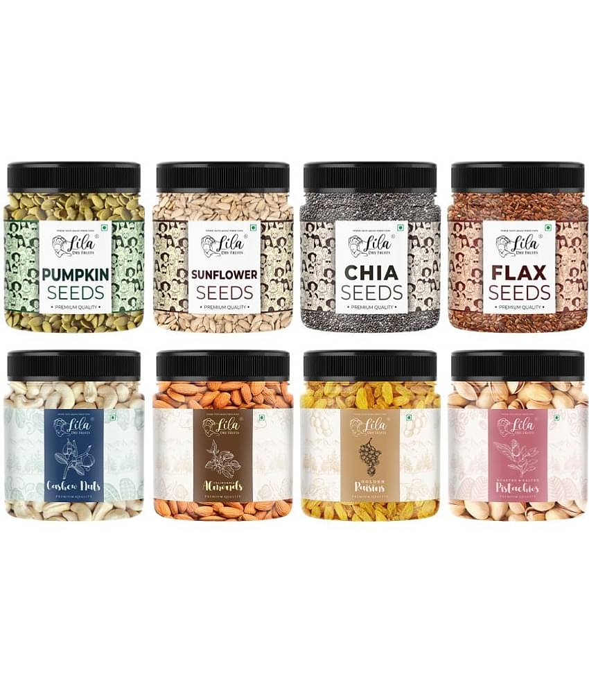 Lila Dry Fruits Combo (100gx8) Jar pack | Chia Flax Pumpkin Sunflower Seed+Cashew Almond Fig Raisin