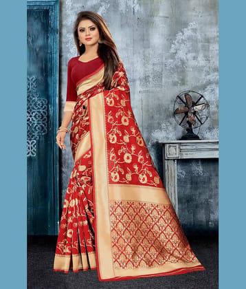 Gazal Fashions Banarasi Silk Printed Saree With Unstitched Blouse Piece ( Maroon )