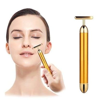 24K Gold Energy Beauty Bar Electric Vibration Facial Massage Waterproof Roller Face Skin Care T-Shaped Anti Wrinkle Massager for Forehead, Cheek, Neck, Clavicle Arm Leg (Gold Colour)