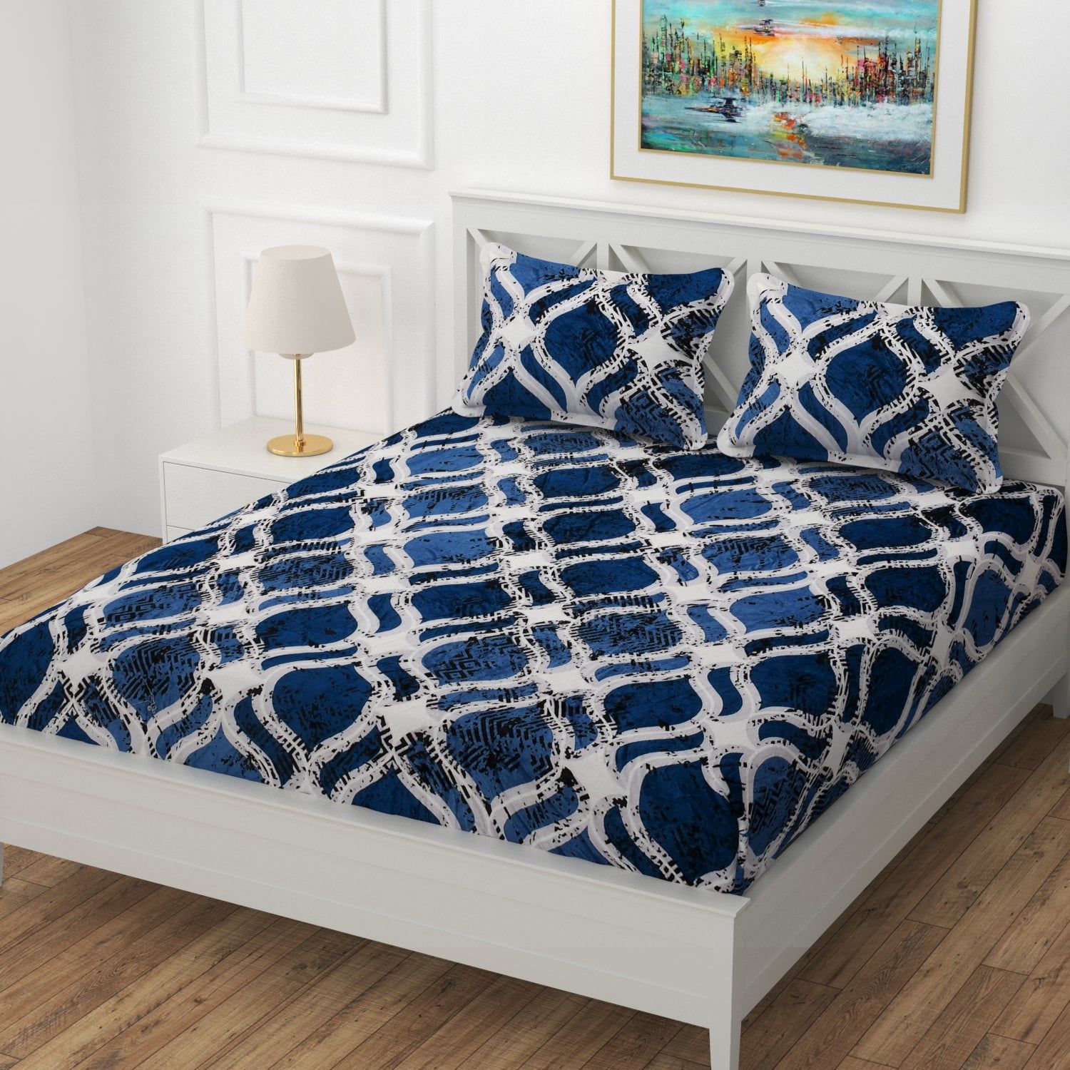 Winter Designer Elastic Fitted King Bedsheet with 2 Pillow Covers