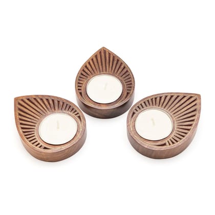 Eyaas Block Carved Seesham Wood T-light Holder Set of Three  Brass Inlay Work for Elegant Gifting