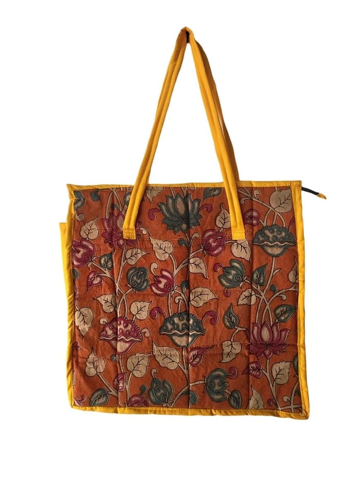 KALAMKARI Handcrafted Quilted Cotton Tote Bag with Floral Print and Zipper Closurerint