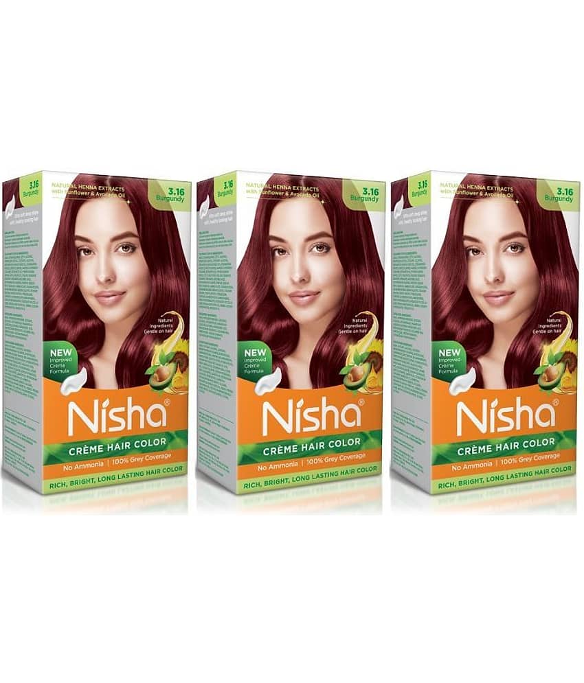 Nisha Creme Hair Color 3.16 Burgundy 120g Pack of 3, Permanent Hair Colour for Women Men, No Ammonia, 100% Grey Coverage