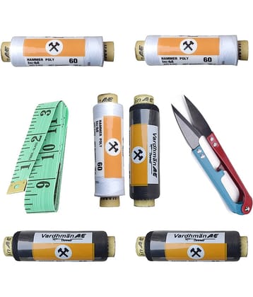 Sewing Machine Thread 3 White 3 Black Reels 180 Meter Each spools, Measurement Tape -1, Thread Cutter -1
