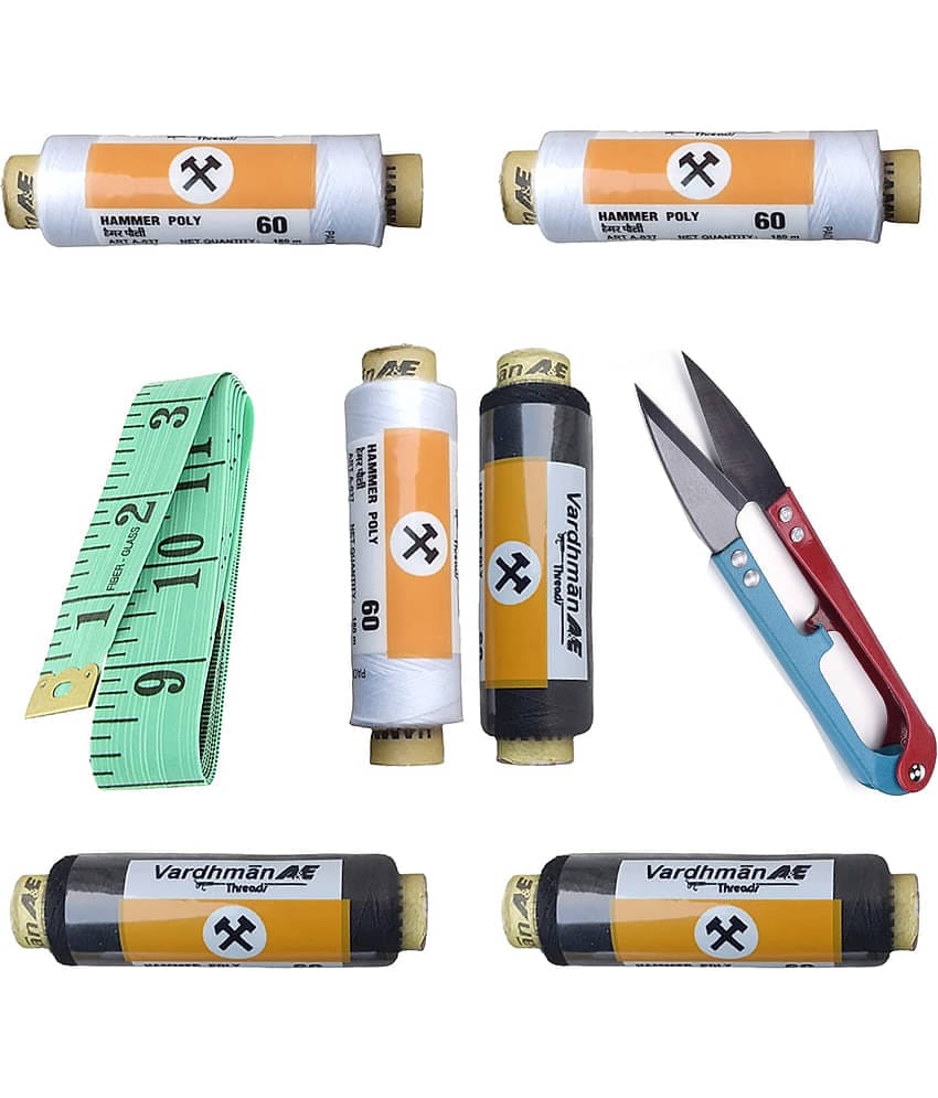 Sewing Machine Thread 3 White 3 Black Reels 180 Meter Each spools, Measurement Tape -1, Thread Cutter -1