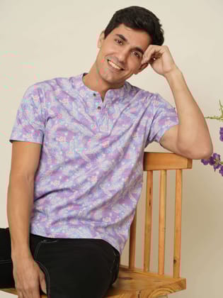 Lavender Fern Blue Henley T-Shirt-M