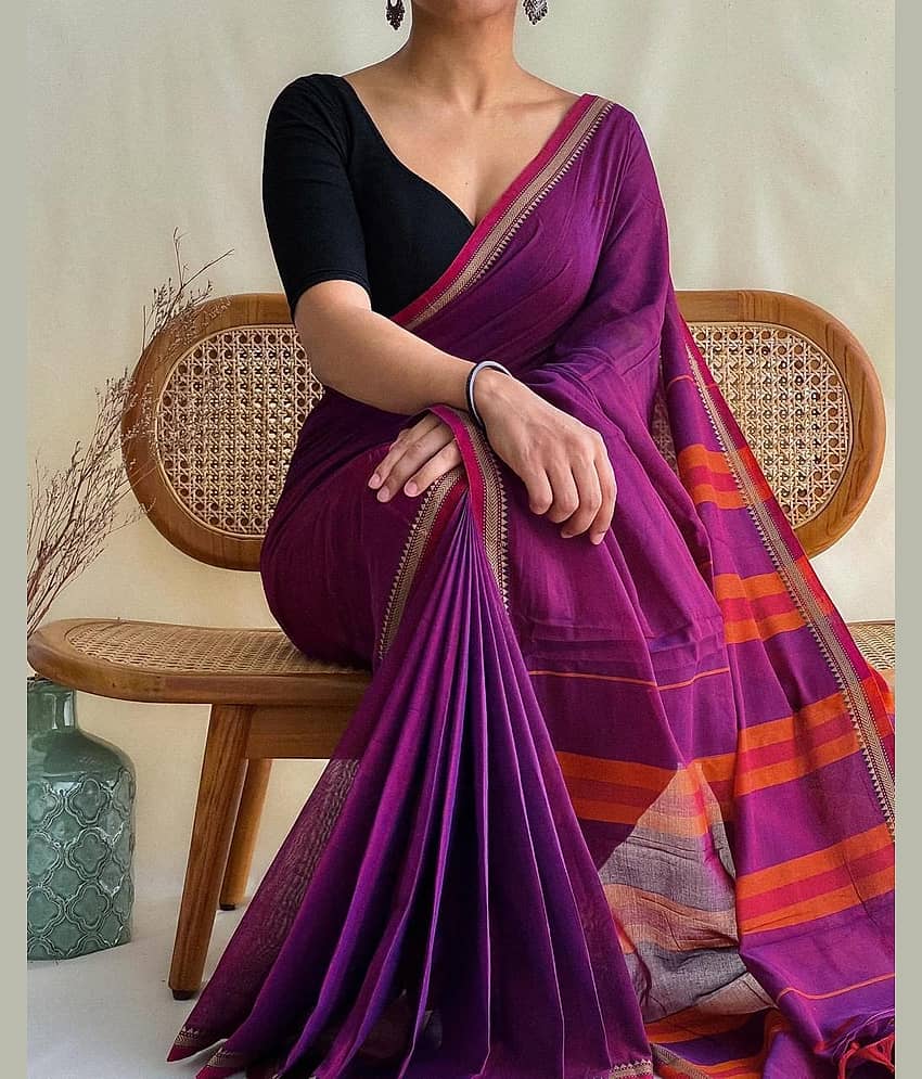 SARADA HANDLOOM Cotton Solid Saree With Unstitched Blouse Piece ( Purple )