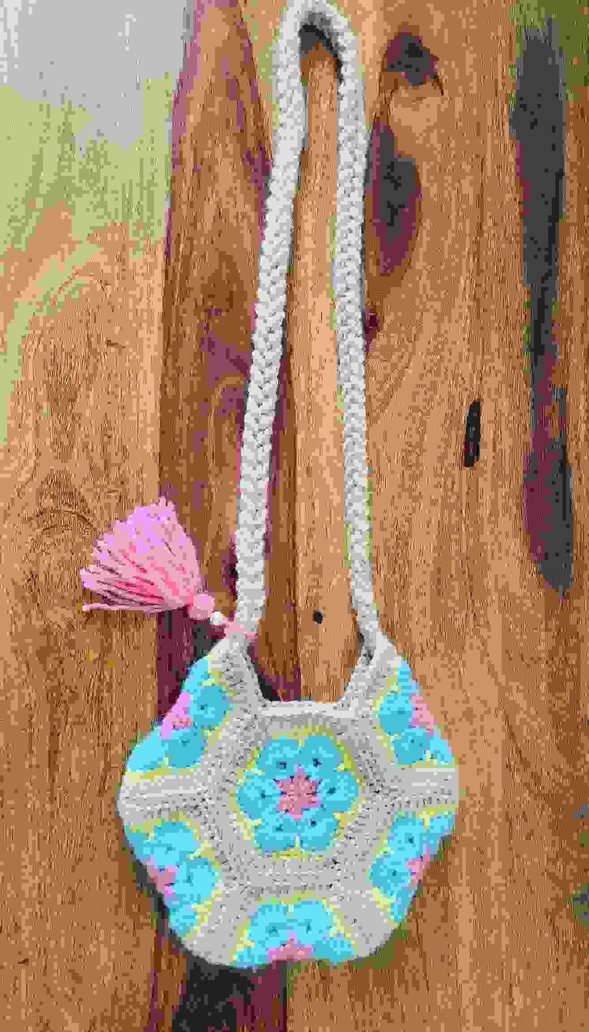 Beige n Blue Hexagonal Crochet Sling Bag