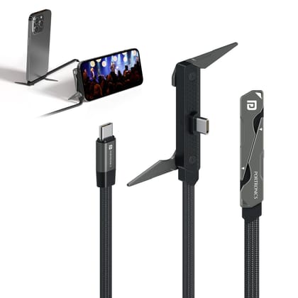 Portronics Dockline 100W Type-C to Type-C Cable with In-Built Stand, E-Marker Chipset, Braided Cable - Black