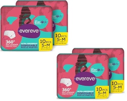 Evereve Ultra Absorbent Disposable Period Panties,S-M,4X10'S Pack,0% Leaks,Sanitary Protection For Women&Girls,Maternity Delivery Pads,360 Protection,Postpartum&Overnight Use,Heavy Flow,Pack Of 40