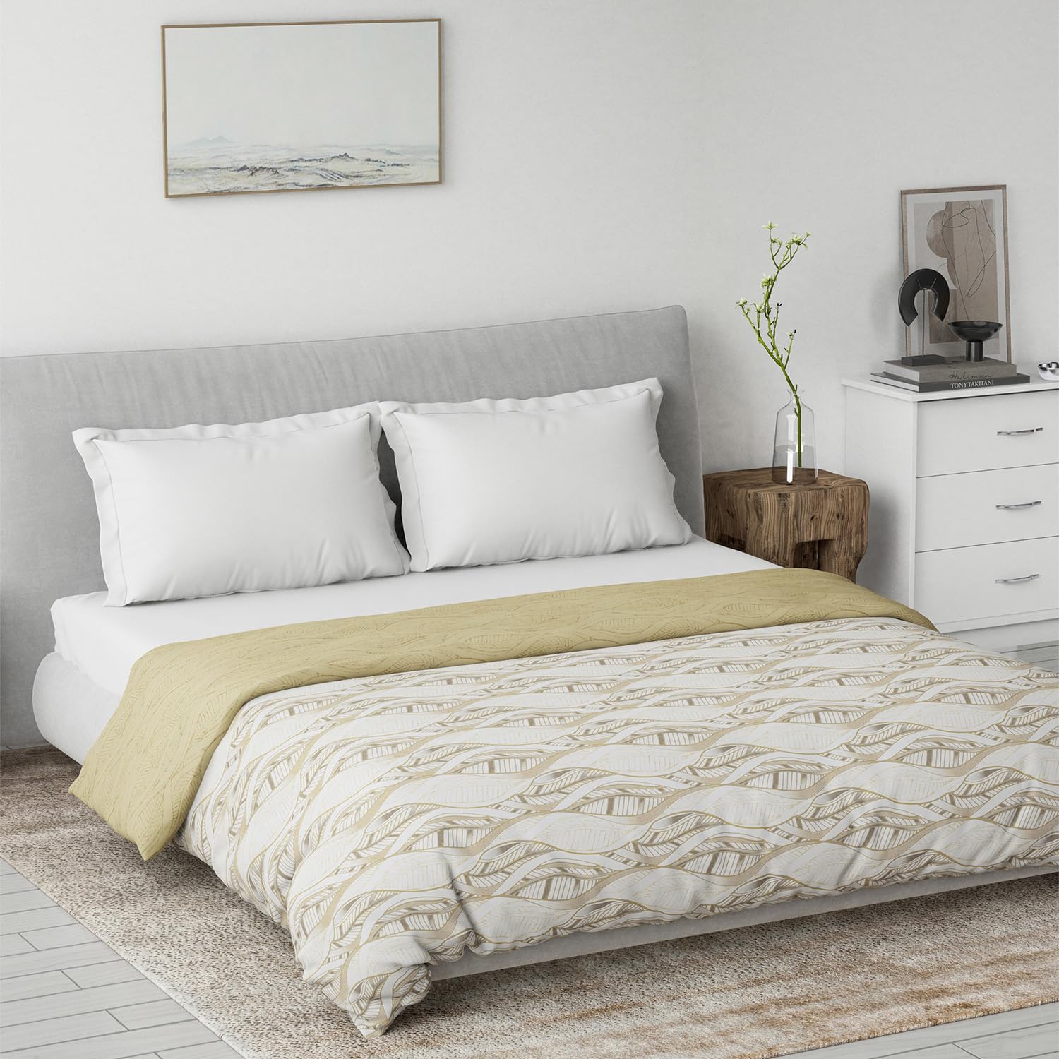DDECOR - Primary Collection 100% Cotton Leaves Pattern VOIL Queen Dohar |229 CM X 254 CM| - Beige