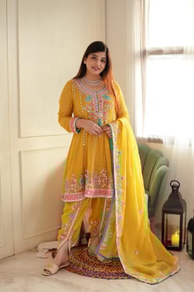 Kiara Yellow Mirror Work Short Anarkali With Dhoti-M-L