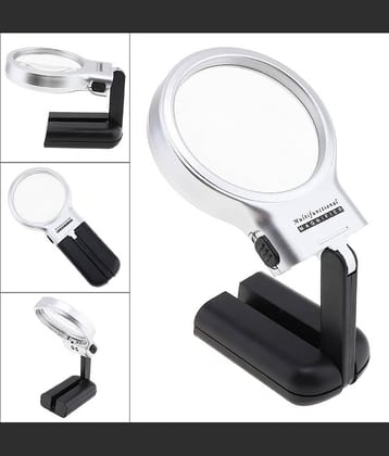 SHB 3X 2.44" Magnifier with 2 Built-in LED Lghts, Adjustable Angle Multifunctional Portable Plastic Optical Magnifying Glass for Reading, Hands Free Magnifying Glass with LED Light Stand