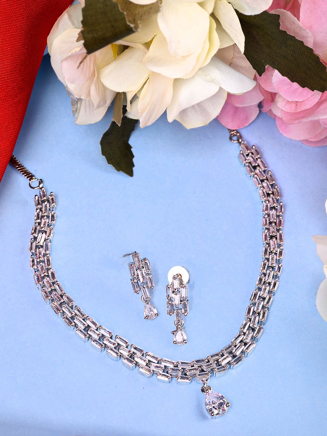 White Rhodium Plated AD studded Necklace Earrings Jewellery Set