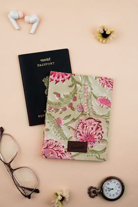 Geneva Garden Hand Block Printed Olive Passport Cover-15 X 10 CMS / Beige Gold / Beige