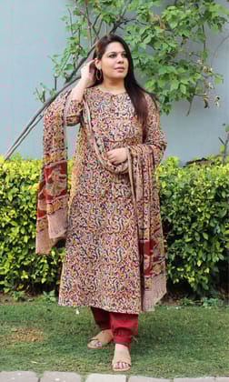 Cotton Red Loose Fit Kalamkari Kurta , Afghani Salwar & Cotton Kalamkari Dupatta-XXS