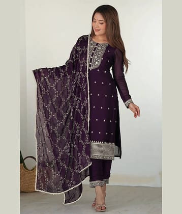 Trijal Fab Women Georgette Embroidered Straight Kurti With Pants ( Wine )