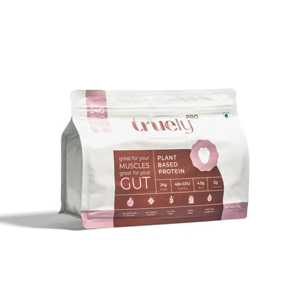 Truely Pro - Vegan Plant Protein | 24g Protein/Serving | 4 Bn CFU Probiotics | 3 Protein Sources - Pea, Brown Rice & Moong Bean | No Artificial Flavours | THIRD-PARTY TESTED | Strawberry | 500GM