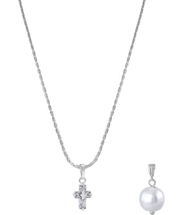 Fashion Combo of Silver Plated Cubic Zircon Cross Solitaire Pendant and Japanese Pearl Pendant with Chain for Women and Girls