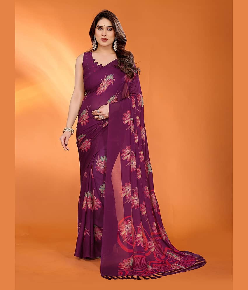 VEDANT VASTRAM Chiffon Printed Saree With Unstitched Blouse Piece ( Purple )