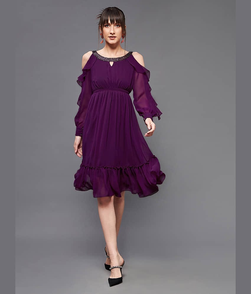 Miss Chase Women Polyester Solid Fit & Flare Dress ( Purple )