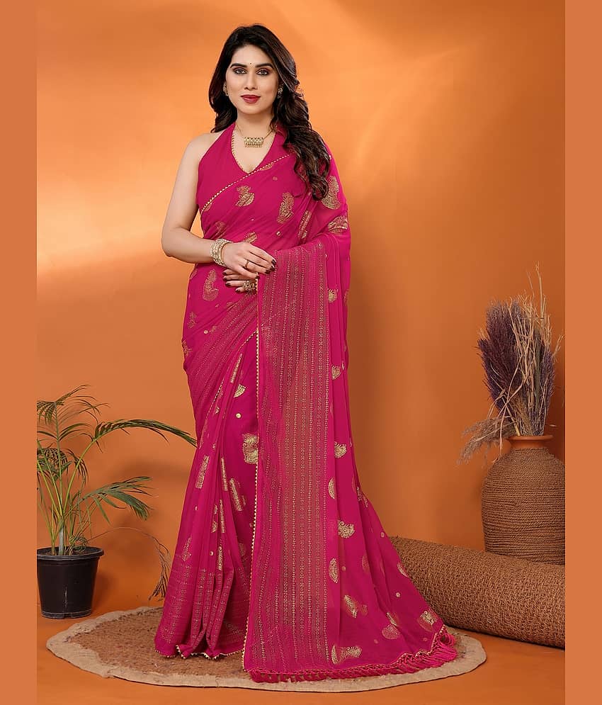 Gazal Fashions Georgette Printed Regular Saree With Unstitched Blouse Piece ( Pink )