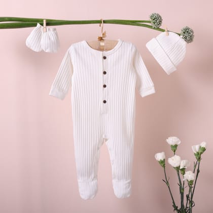Poshaak Baby Overall Romper Set - Pearl White-Pearl White / 3-6 months with Cap and Mittens