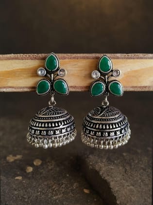 Premium Quality Oxidised Ethnic Jhumka Earrings with Ghungroo | Sarichka-Green+White