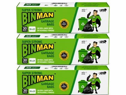 BINMAN Super Strong Garbage Bags on Roll with Detachable Thread | 30 Bags | 19 x 21 Inches | Heavy Duty Disposable Trash Bags for Home, Office & Commercial Use Pack of 3