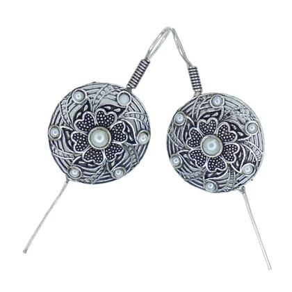  Oxidized Silver Floral Design Pin Bugadi Earrings with Pearls
