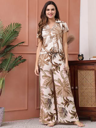 Beige Color Tropical Printed Viscose Rayon Night Suit-S