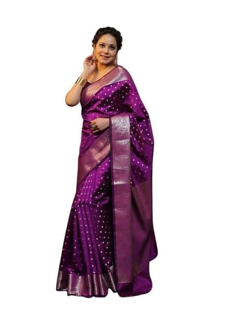 Women's Soft Lichi Silk Printed Saree With Unstitched Blouse 5.5Mtr (Purple)-PID63679