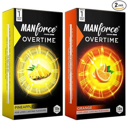 Manforce Overtime Combo | 20 pcs | Orange & Pineapple Flavoured | Dotted, Contoured & Ribbed Condoms | For Long-Lasting Pleasure Of Both | Indias No. 1* Condom Brand for Safe Sex