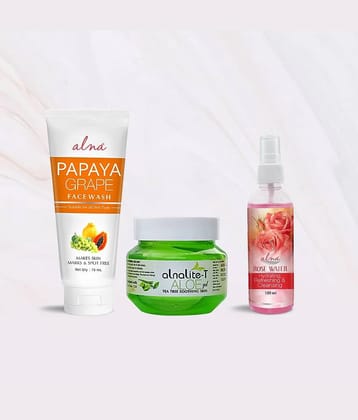Alna Papaya Grape Face Wash75ml with Alnalite-T Aloe Gel 100gm & Rose Water 100ml , Pack of 3