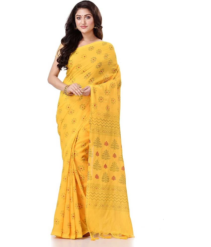 Desh Bidesh Cotton Self Design Saree With Unstitched Blouse Piece ( Yellow )