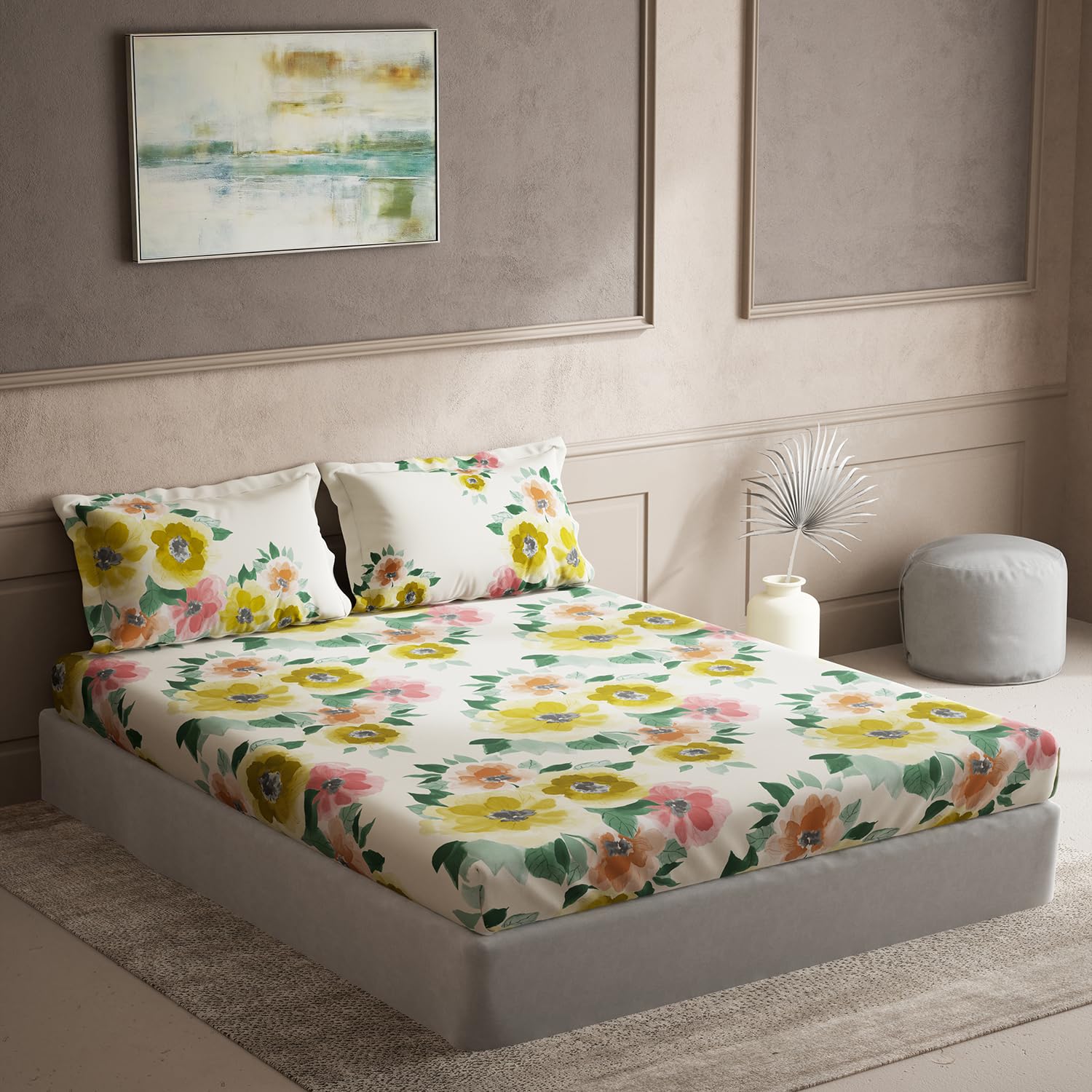 DDECOR - Cherish Collection 100% Cotton Floral Pattern 150TC Super King |274 CM X 274 CM| with 2 Pillow Covers - Yellow