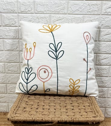 Indihomecraft White and Yellow Tufted Embroidered Cushion Cover Hand Craft Inspired Decorative Boho Cushion Cover for Sofa Couch Swing Chair Living Room & Bedroom 18 x 18 Inches, Pack of 1