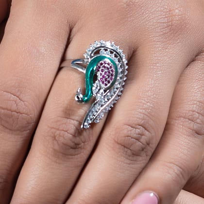 Mayurika Silver Ring for Women with Green Enamel and Zirconia-7.5