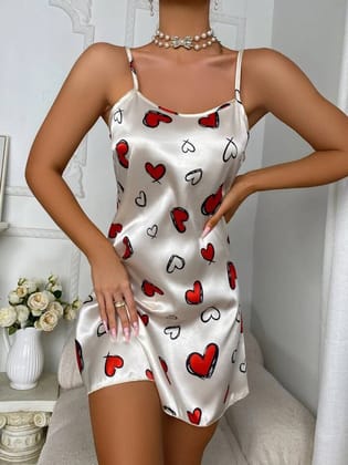 Heart Printed Contrast Binding Cami Night Dress-S