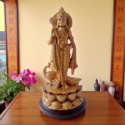 AMS Lord Murugan Idol for Home | Kartikeya Murti for Puja Room, Office & Gift | Decorative Skanda Statue with Peacock | Murugan Statue 26 cm Resin with Wooden Base Spiritual Showpiece