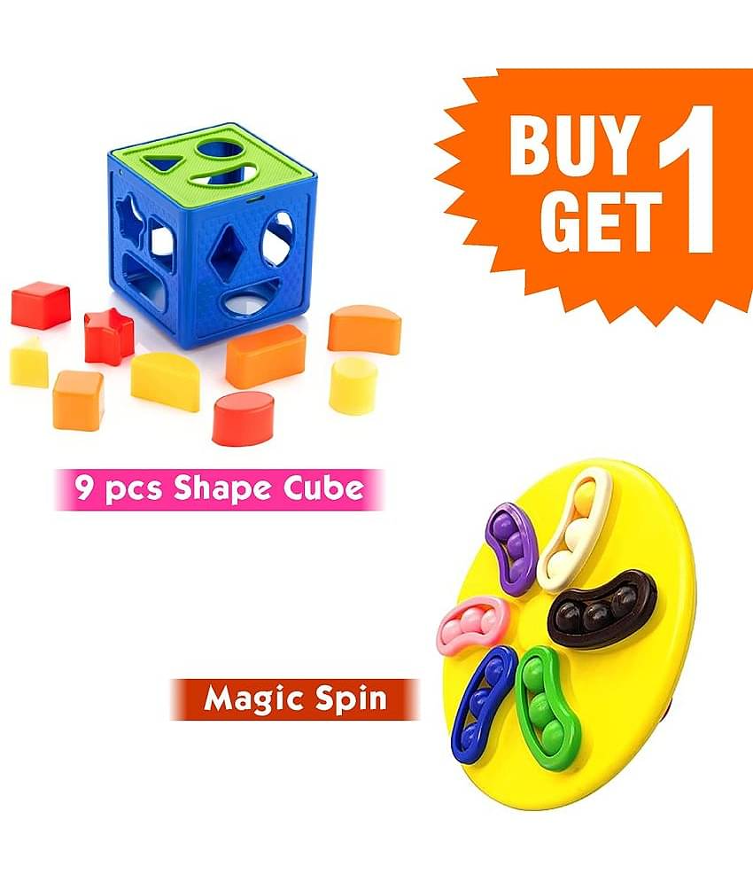RAINBOW RIDERS Buy 1 Get 1 Combo (Plastic Shape Sorter Cube Block 9 Pcs Toy + Magic Spin Plastic Blocks Puzzle Games Toys) Multicolor Baby Activity Toys For Boys Girls 3,4,5,6+ years