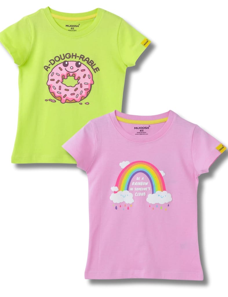 Premium Kids Girls T-Shirt Bonbon Pink / Acid Lime Green, Soft Cotton, Ages 2-6 (2pcs pack) 2025