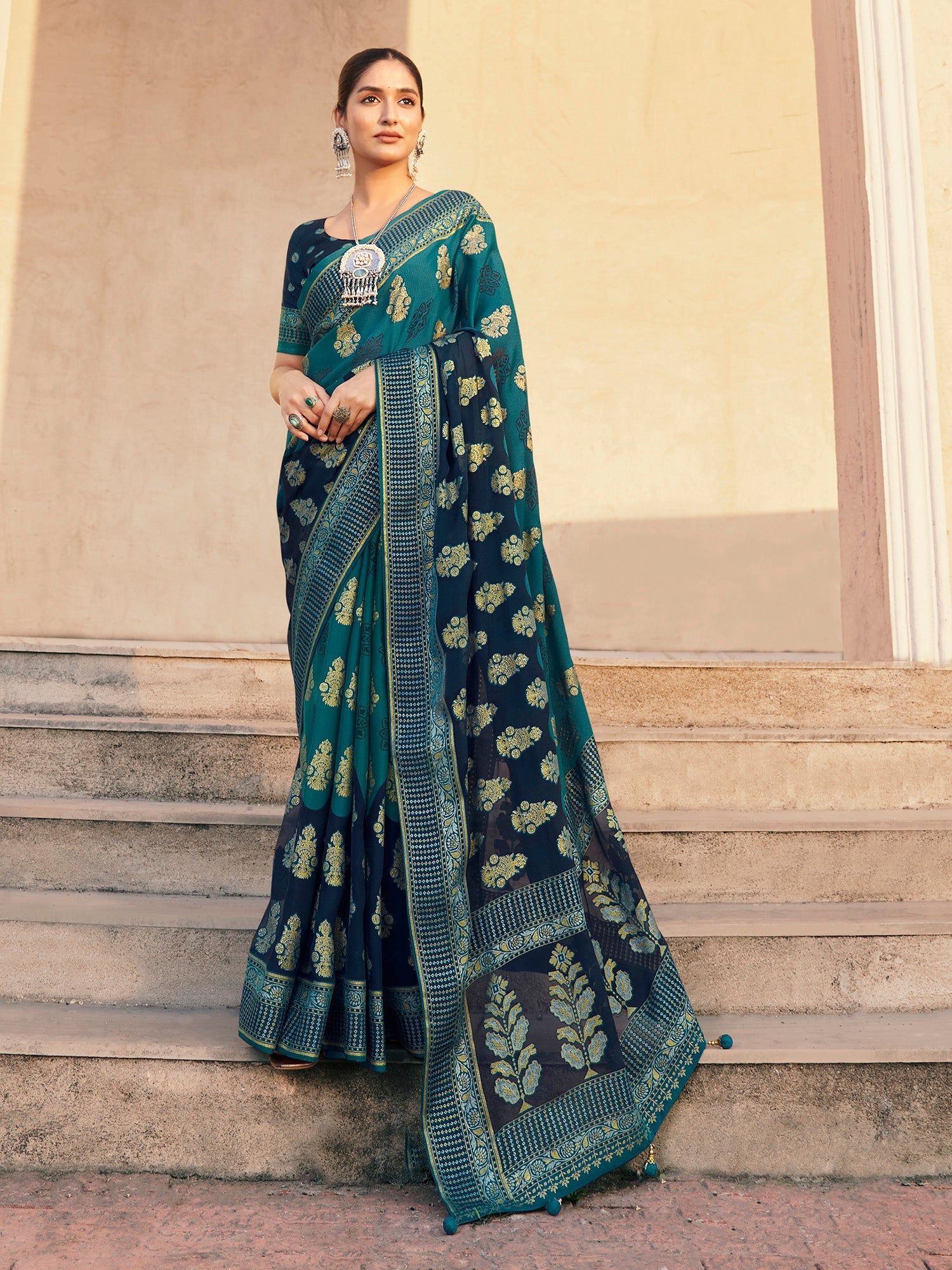 Teal Poly Viscose Georgette Butta work Bansarasi Saree