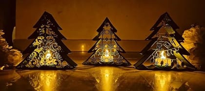 Christmas Tree Tealight Holder and Decor Set of 3  Eco-Friendly Biodegradable Thermoplastic  Warm Gold Festive Tealight Lanterns