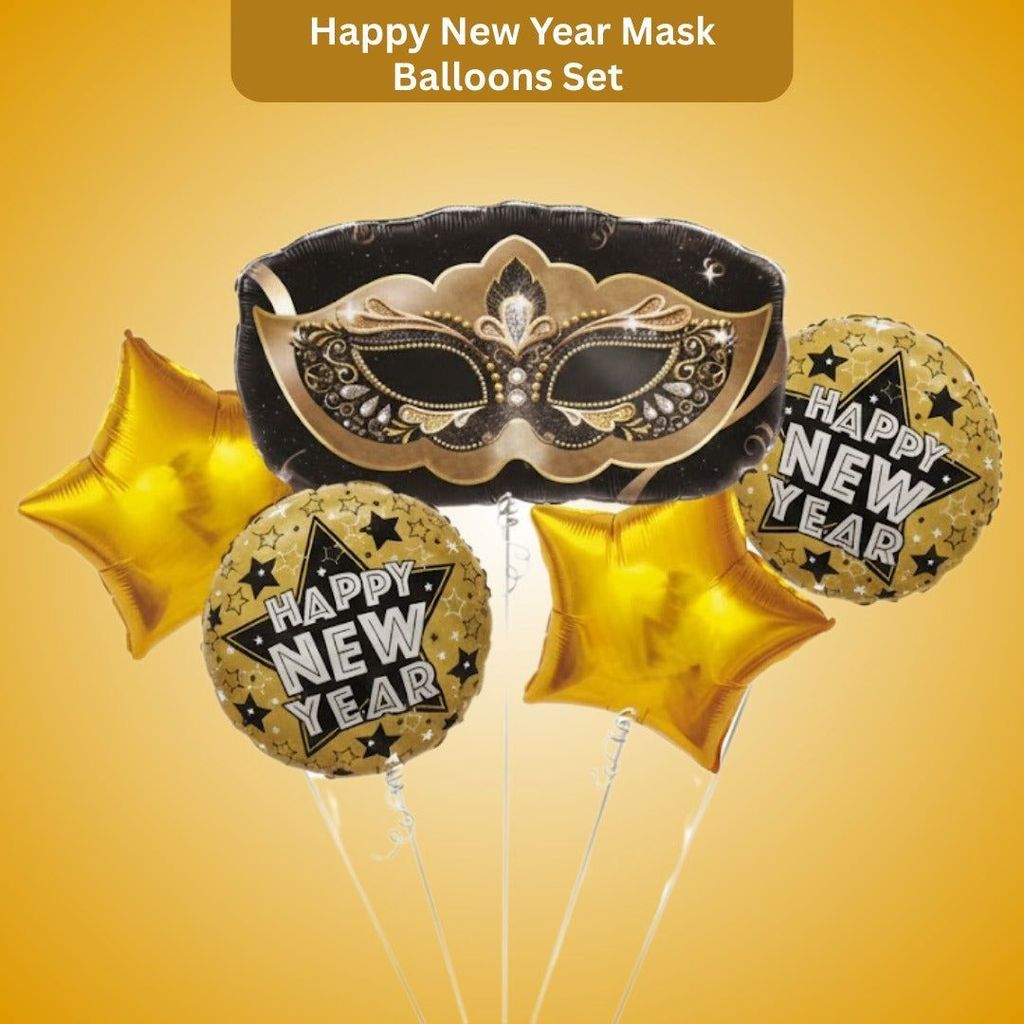 Happy New Year Mask Foil Balloon - Set Of 5 - Party and Festive Needs | Buy online on ZillyBuy