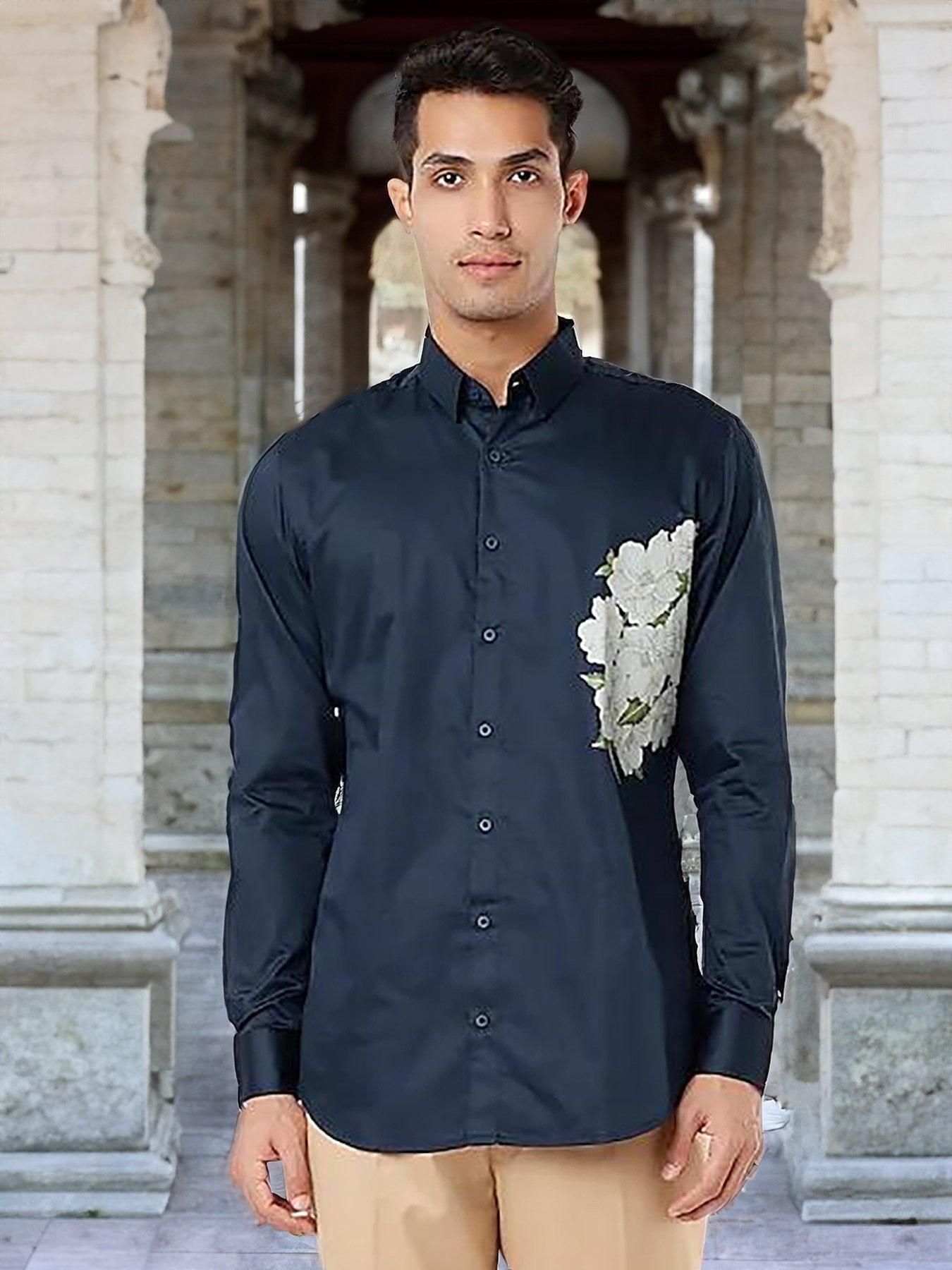 Printed Party Wear Navy Shirt-NAVY / S