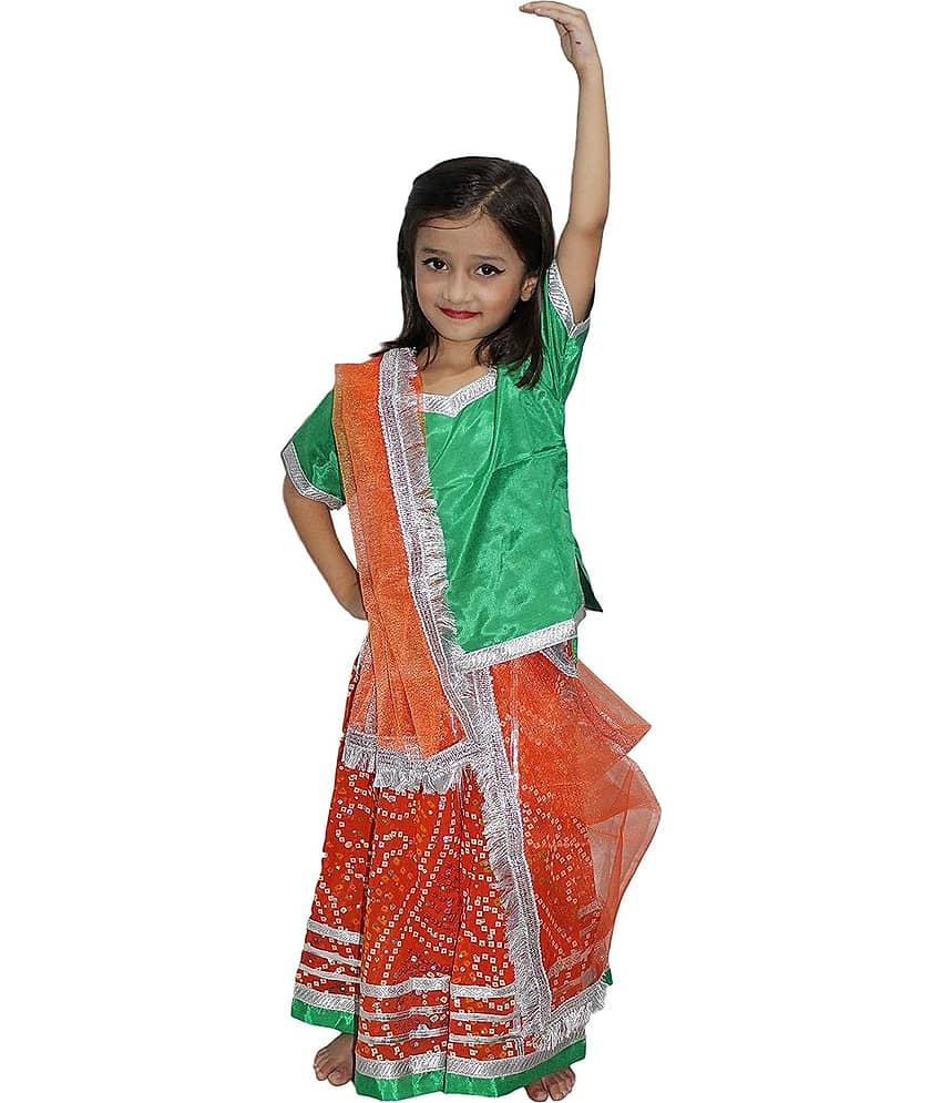 Kaku Fancy Dresses Rajasthani Folk Dance Costume for Kids/ Lehenga Choli Costume Set - Orange, 3-4 Years, For Girls