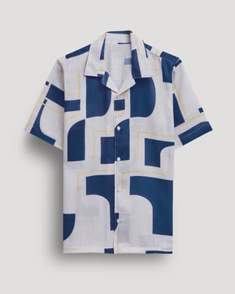 "Unleash Your Style: Men's White Abstract Printed Linen Shirt by GlamaStitch"-S