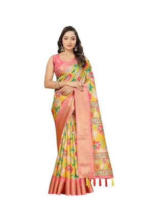 Floral Digital Print cotton Silk Saree with Blouse Piece and Zari Border