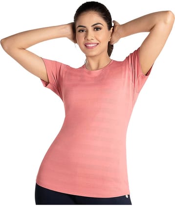 Dermawear Women Polyester Striped Regular Fit Round Neck T-Shirt ( Coral )